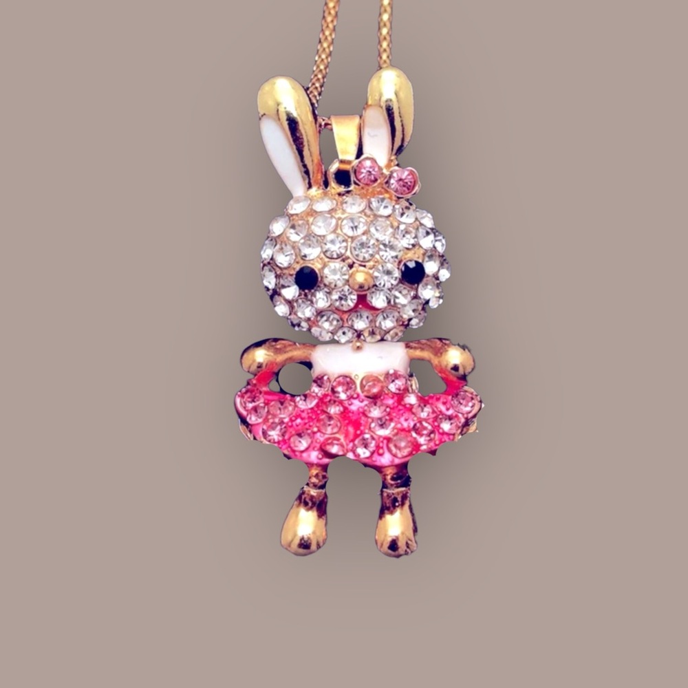 Rabbit Bunny Girl In Pink, White, & Gold White Dress Necklace Easter